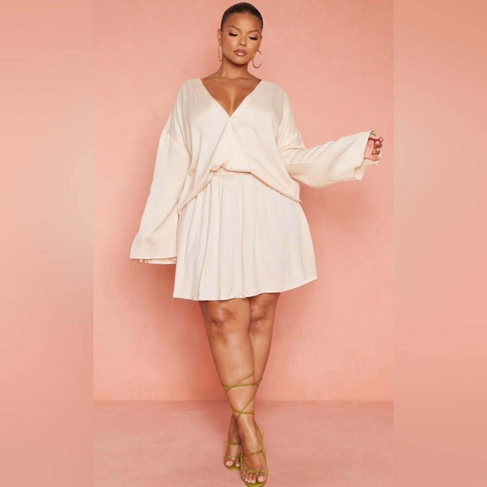 Pretty Little Thing Linen Plunge Blouse Skirt Co-ord Matching Set Plus Size 26W - Picture 2 of 7